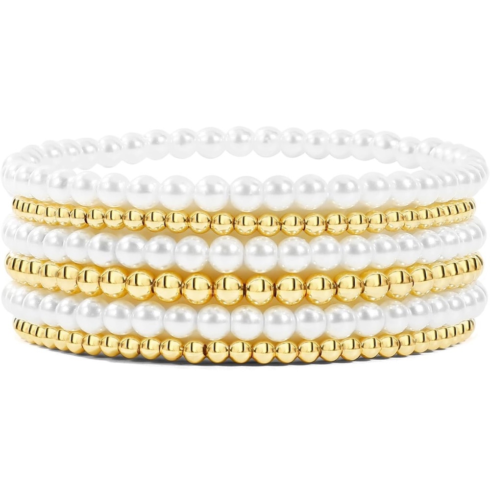 NWT (6) Pearl Gold Bracelets Ball Beaded Stretch Stack Trendy Bead Newton